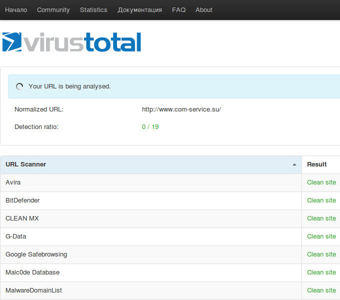 Проверка сайта com-service.su на вирусы с помощью VirusTotal